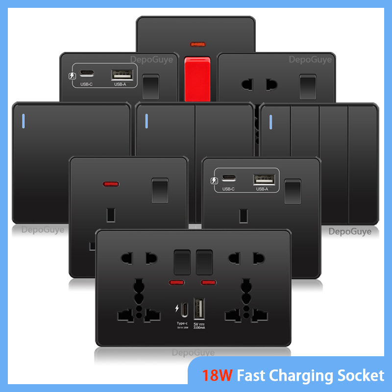 Smart Wall Socket - Universal Black USB Type-C 18W Smart