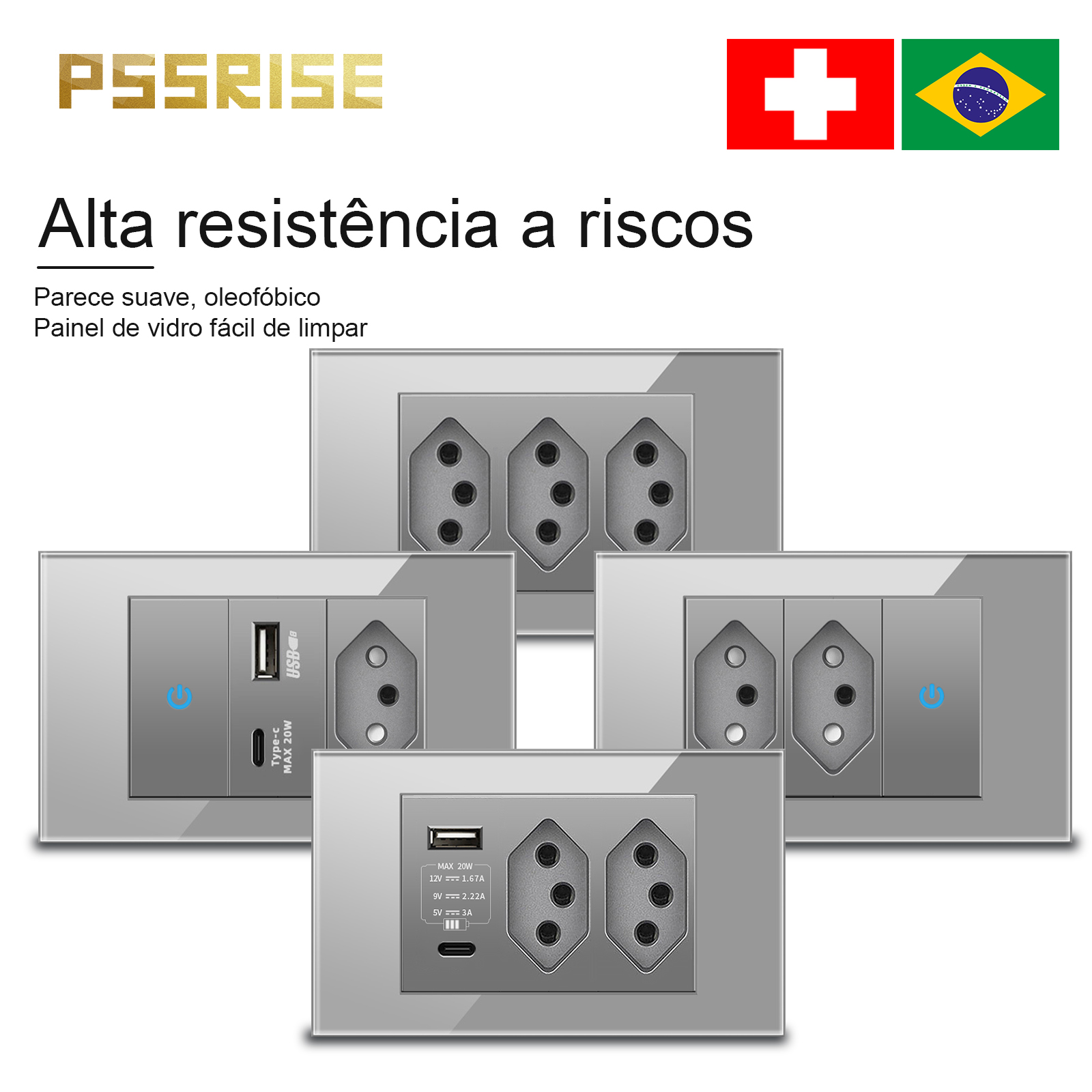 Smart Wall Socket - PSSRISE Grey Glass Full-paddle Brazil USB