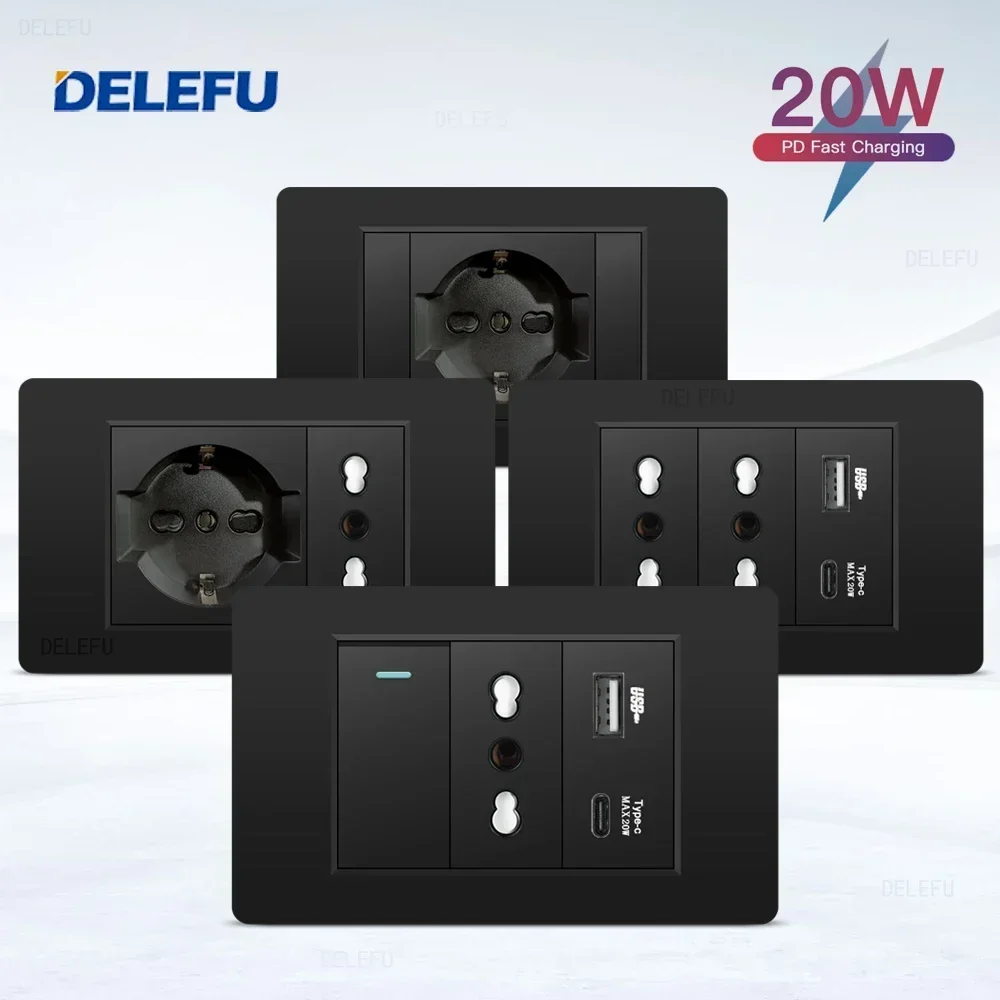 Smart Wall Socket - DELEFU Black Retardant PC Italy USB